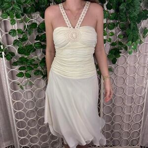 Vintage Signature by Sangria Crochet Halter Chiffon Fairy Dress Ivory Size 6